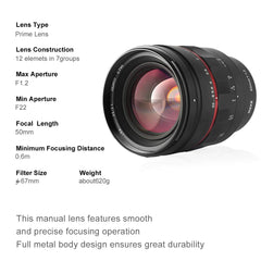 Meike Manual 50mm 1.2 (E Mount) For Sony's Alpha (α) cameras.