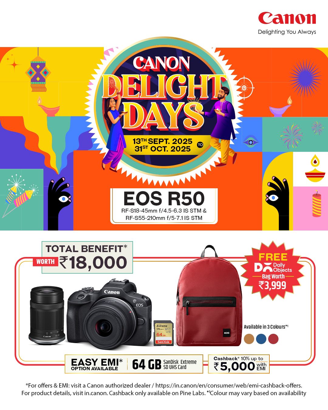 Canon EOS R50 with RF-S18-45mm & RF-S55-210mm Twin Lens Kit | Free Bag & 64GB Card | Benefits Worth ₹18,000