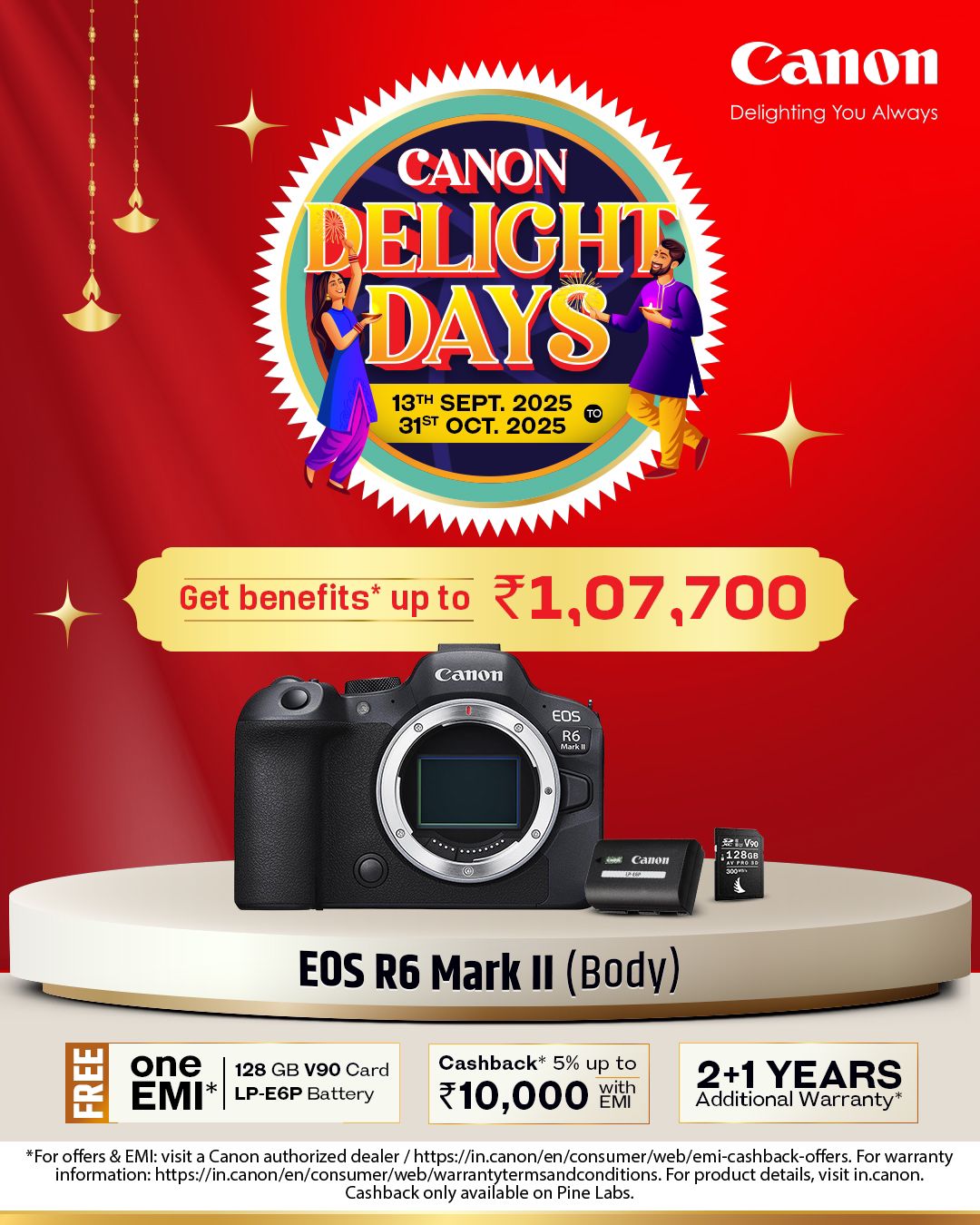 Canon EOS R6 Mark II (Body) – Free V90 Card & Battery + benefits worth up to ₹1,07,700!